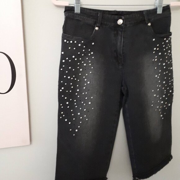 NWOT Christine Phillipe black wash denim shorts w/ faux pearl & crystals, 4 - Picture 6 of 11